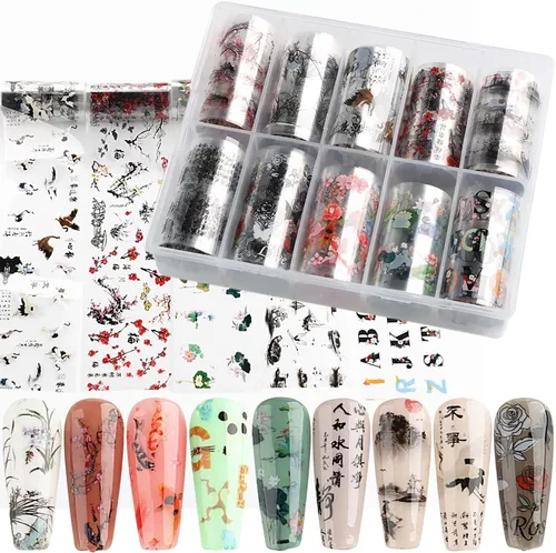 Miniatura 11 de Kit de 10 rollos de calcomanías de transferencia de papel de aluminio para uñas, diseño de pintura de tinta de bambú, láminas de papel de aluminio