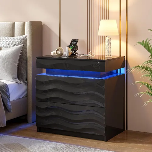 Miniatura 15 de Mesita de noche LED con estación de carga, moderna mesita de noche negra con luz de sensor corporal, mesita de noche con 2 cajones de almacenamiento