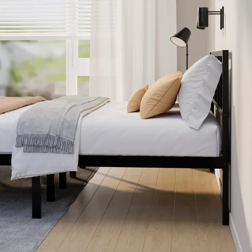 Miniatura 4 de Base de cama de bambú de tamaño individual con cabecero, plataforma, marco sólido y estable con listones antideslizantes, soporte alto, no requiere