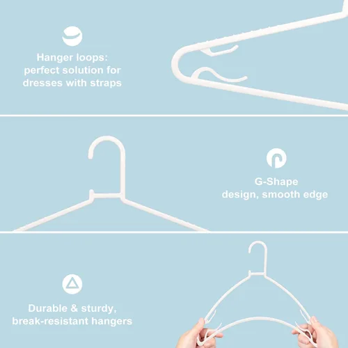 Miniatura 3 de Perchas de plástico blancas, paquete de 50 perchas ligeras y duraderas en forma de G, tamaño estándar, ideal para camisetas sin mangas, vestidos