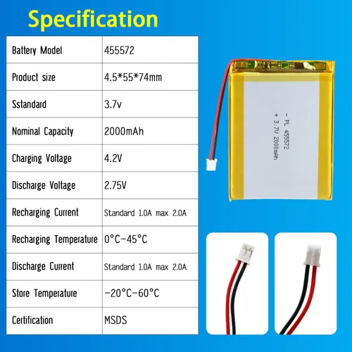 Miniatura 4 de 455572 Batería Lipo 3.7V 2000mAh 455572 Paquete de Batería Recargable de Polímero de Litio con Conector JST PH2.0mm para Dispositivo Electrónico