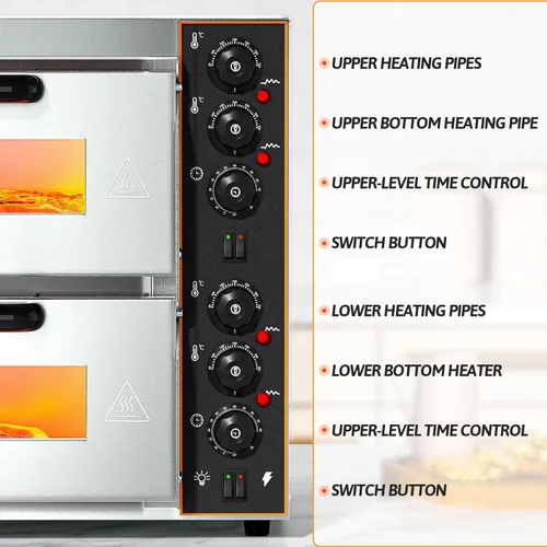 Miniatura 3 de Horno de pizza comercial Horno eléctrico de doble capa para pizza de 16 pulgadas con piedra de pizza multiusos, tostadora para hornear, capacidad