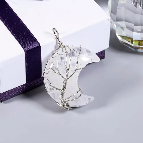 Miniatura 3 de TUMBEELLUWA 2 collares de árbol de la vida envueltos en alambre de cristal natural con piedra curativa de media luna para pareja