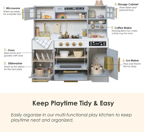 Miniatura 3 de Cocina de madera de juguete para niños – Juego de cocina de simulación con estufa realista, fregadero, cafetera, máquina de hielo, cocina de juguete