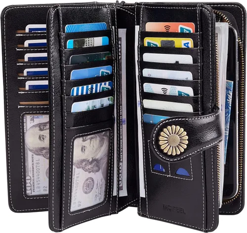 Miniatura 2 de INSIFEEL Billetera pequeña para mujer, bolso compacto de cuero con bloqueo RFID RFID para mujer, Negro, Retro