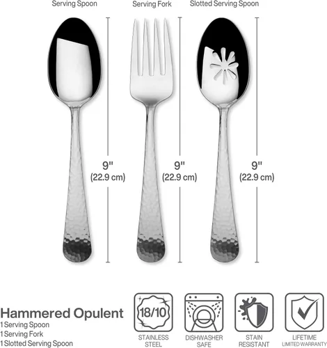 Miniatura 3 de Mikasa Hammered Opulence - Juego de cubiertos para 12, 75 piezas de acero inoxidable 18/10 con asas martilladas, incluye cuchillos para carne