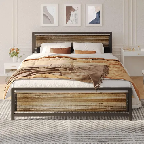 Miniatura 4 de Gizoon Cama de plataforma de metal Queen con cabecera de madera, listones de hierro de 15 pulgadas, gran almacenamiento debajo de la cama, sin Gris
