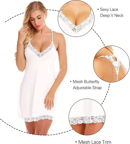 Miniatura 4 de RSLOVE - Ropa de dormir de lencería y encaje tipo baby doll para mujer, diseño de camisón con cuello en V