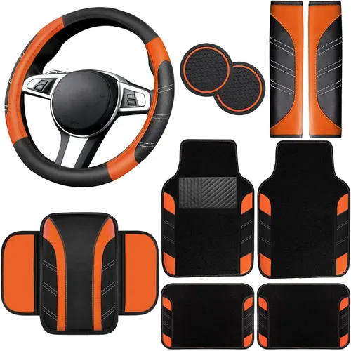 Miniatura 26 de NBTEPEM Juego de 6 accesorios de automóvil beige, funda de cuero deportivo para volante de 14.5 a 15 pulgadas, universal, funda de cuero