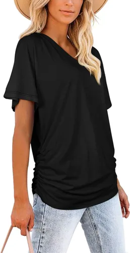 Miniatura 3 de WIHOLL - Camisetas de manga corta con cuello en V para mujer, holgadas, con fruncido lateral