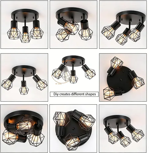 Miniatura 6 de Lámpara de techo de montaje empotrado de 3 luces, lámpara de techo industrial para cocina, E26, color negro, para comedor, pasillo, entrada