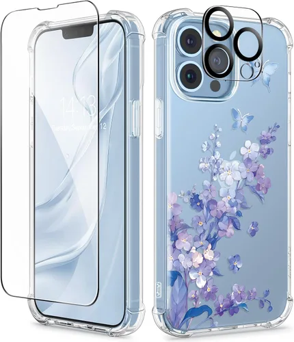 Miniatura 50 de GVIEWIN Funda diseñada para iPhone 13 de 6.1 pulgadas, con protector de pantalla de vidrio templado + protector de lente de cámara, flor Hibisco