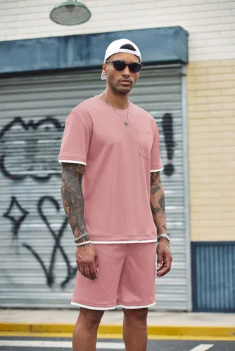 Miniatura 16 de COOFANDY Conjunto de camisa y pantalones cortos de gofre para hombre, conjunto de 2 piezas, conjunto casual de verano con bolsillos