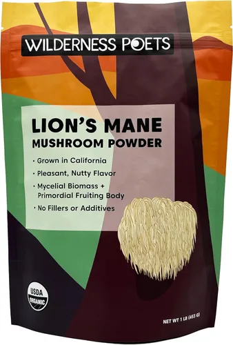 Wilderness Poets, Polvo orgánico de hongos melena de leones, cultivado en California, tamaño a granel (16 onzas - 1 libra)