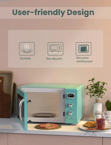 Miniatura 8 de SIMOE Horno microondas retro 0.9 pies cúbicos, 900W Compacto de encimera con 5 niveles de microondas y 8 funciones de cocción automática, bloqueo