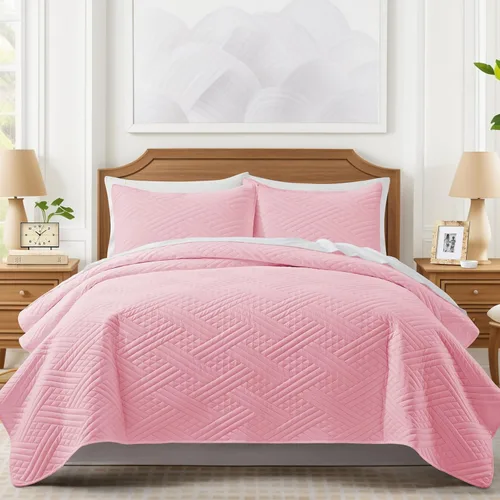 Miniatura 2 de Lavsiry Juego de colcha rosa tamaño queen con patrón a rayas, colcha y cubrecama de microfibra ligera y suave para verano, juego de ropa de cama