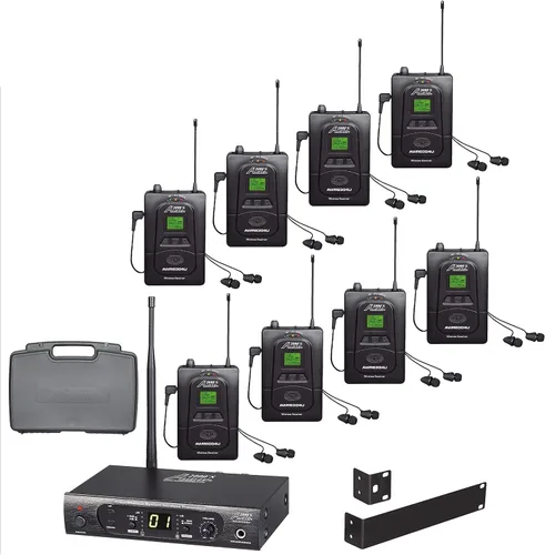 Audio2000'S AWM630CU UHF 100 Sistema de monitor intrauditivo inalámbrico de frecuencia seleccionable con ocho receptores inalámbricos y una funda de
