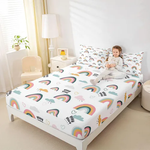 Miniatura 3 de Erosebridal Juego de ropa de cama arcoíris para niñas, sábana de amor en forma de corazón rosa, sábana ajustada con nubes de dibujos animados