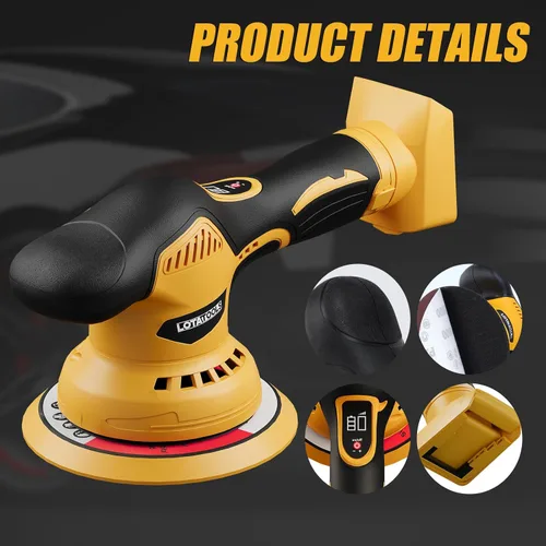 Miniatura 7 de Detalle y pulido de coche compatible con batería Dewalt de 20 V, pulidora de doble acción de 5500 RPM con 6 velocidades variables Amarillo