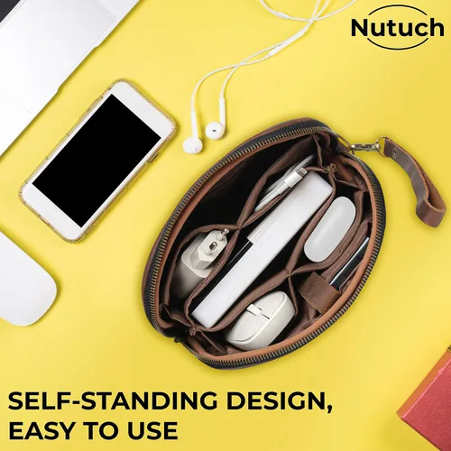Miniatura 5 de Bolso de cuero para tecnología con cables y cargadores Bolso de tecnología Bolso de accesorio de viaje con cremallera Estuche organizador