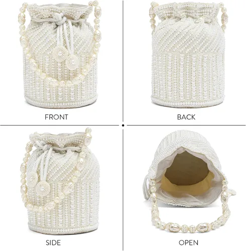 Miniatura 4 de Aheli Bolsas Potli blancas para mujer, bolso de noche étnico con cordón (P98W), Blanco