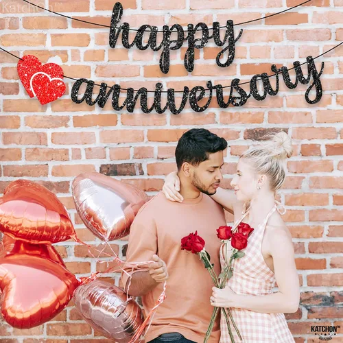 Miniatura 3 de KatchOn, Cartel de feliz aniversario con purpurina negra, 10 pies, sin bricolaje, decoraciones románticas de feliz aniversario, decoraciones