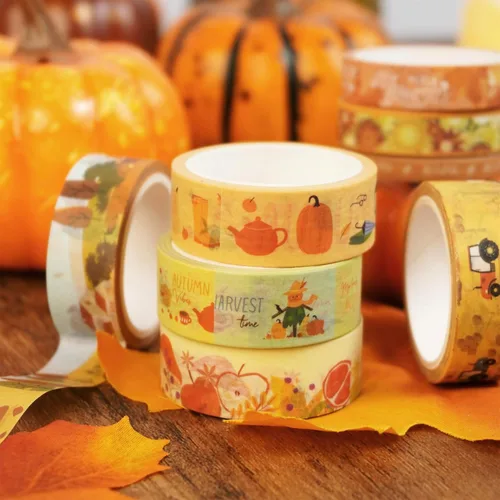 Miniatura 6 de Juego de 18 rollos de cinta Washi de otoño, adornos estampados de otoño, cintas adhesivas decorativas amarillas para artes, manualidades, diarios