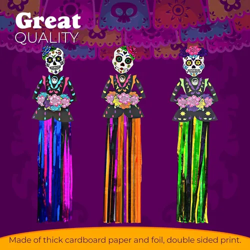 Miniatura 9 de 4E's Novelty Decoraciones colgantes del Día de los Muertos, 36 pulgadas, paquete de 3 pancartas decorativas del día de los muertos (3 pies de alto)