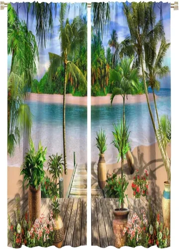 Miniatura 23 de Cortinas de playa con estampado de plantas tropicales y árboles de coco, paisaje natural, con bolsillo para barra, 2 paneles, decoración