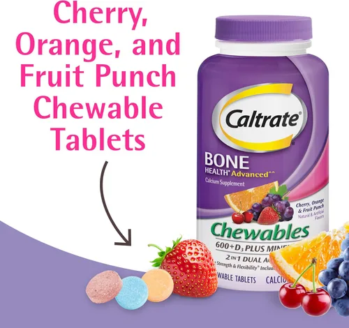 Miniatura 2 de Caltrate Chewables 600 Plus D3 Plus Minerals Suplemento de vitamina D de calcio, cereza, naranja y fruta, 90