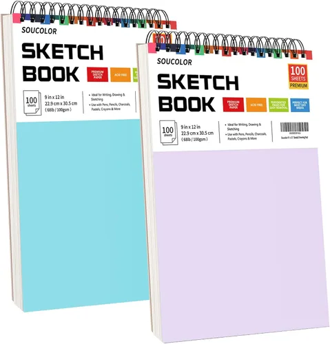 Miniatura 18 de Soucolor - Cuaderno de bocetos de 9 x 12 pulgadas, paquete de 4 de 100 hojas, encuadernado en espiral, libre de ácido (68 libras/100 g/m²), papel