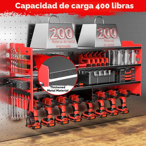 Miniatura 4 de POKIPO Organizador Grande de Herramientas Eléctricas de Pared con Estación de Carga, Estante de Almacenamiento de Herramientas de Metal de 4 Capas