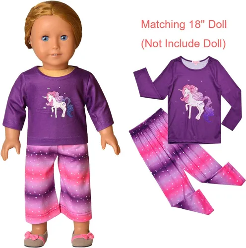 Miniatura 6 de QPANCY Conjunto de pijamas a juego para niñas y muñecas, pijamas de manga larga para otoño e invierno
