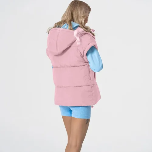 Miniatura 26 de Shiyifa Chaleco acolchado para mujer, chaqueta de gran tamaño, sin mangas, ligera, con cremallera, con capucha desmontable