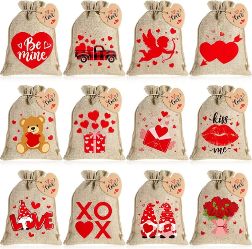 Shappy 24 bolsas de arpillera para el día de San Valentín, bolsas de regalo con cordón de arpillera con corazón, etiquetas de papel kraft, bolsa de
