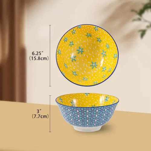 Miniatura 5 de Juego de Tazones de Porcelana para Sopa y Cereales - Tazones de Cerámica para Cocina de 23 oz - 6 Juegos de Tazones Coloridos con Patrones Lindos
