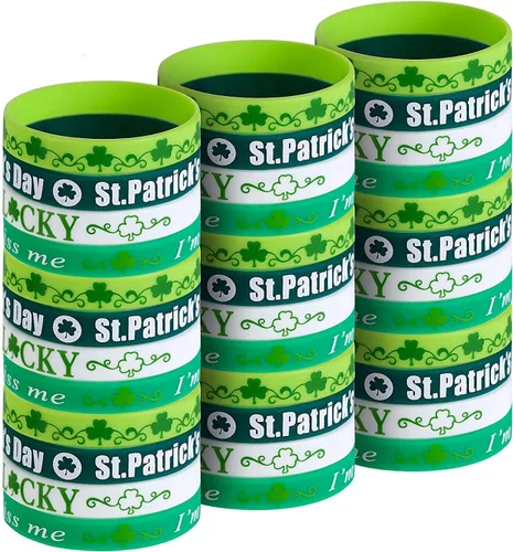 CCINEE Pulseras de goma para el día de San Patricio, paquete de pulseras recortadas de silicona con trébol verde para decoración de fiesta