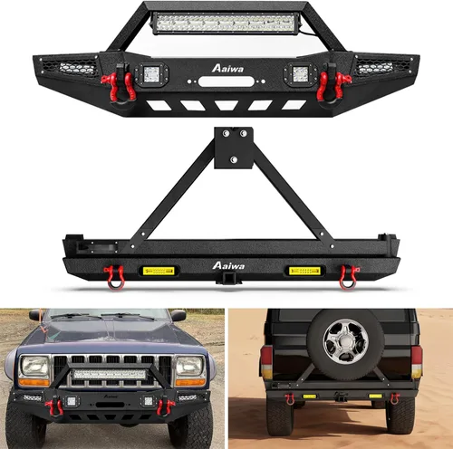 Miniatura 9 de Parachoques delantero para Cherokee XJ, AAIWA parachoques de acero con barra de luz LED y soporte de placa de cabrestante compatible con Cherokee XJ