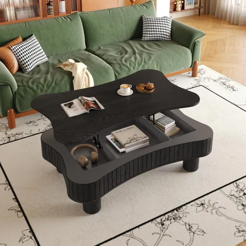 Miniatura 41 de 31.52" Square Lift Top Coffee Table with Storage, Natural Rattan & Hemp Rope, Adjustable Function, Vintage Farmhouse Center Table for Living Room
