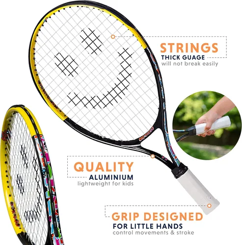 Miniatura 8 de Raqueta de tenis para niños con videos de entrenamiento – Raqueta de tenis juvenil de aluminio con mango de neopreno para niños de 5 a 12 años – Boys