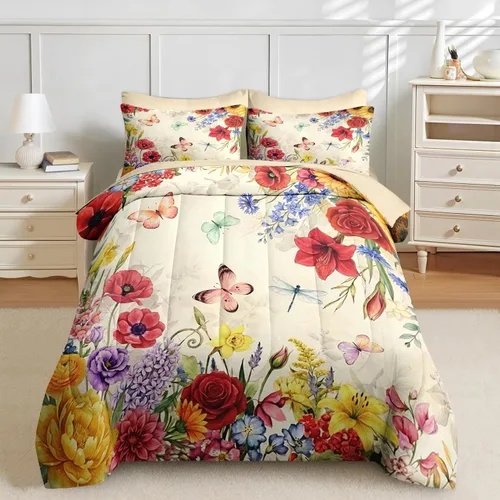 Miniatura 3 de Nesker Juego de edredón de primavera de 5 piezas, tamaño individual, juego de ropa de cama floral con mariposas para niños y adultos, juego