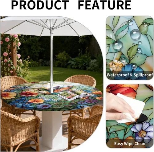 Miniatura 4 de Mantel para exteriores con agujero para sombrilla y cremallera, impermeable, redondo, ajustable con borde elástico, mantel lavable para mesa al aire