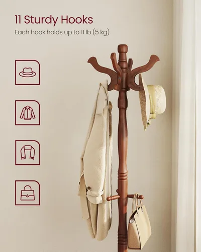 Miniatura 3 de VASAGLE Perchero de pie, Perchero independiente de madera maciza con 11 ganchos, Árbol de recibidor para bolsas, carteras, sombreros, para entrada
