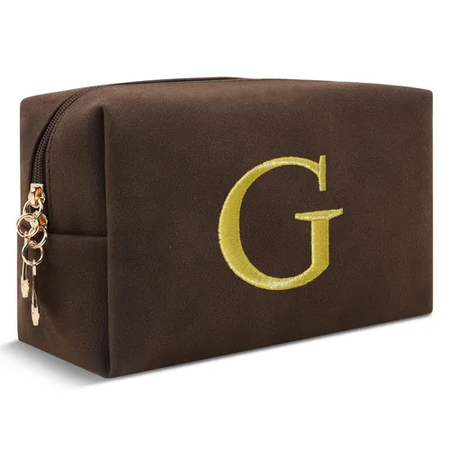 Miniatura 225 de Pequeña bolsa de maquillaje personalizada con inicial A-Z Preppy Patch, bolsa de cosméticos de viaje de felpilla blanca con cremallera, bonita bolsa