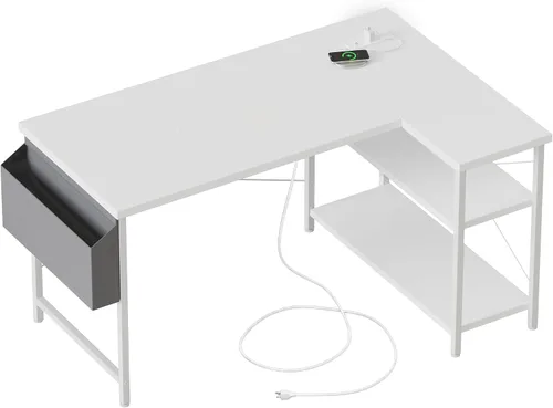 Miniatura 22 de Mericonia Escritorio pequeño en forma de L para computadora con tomas de corriente, escritorio de juegos para espacios pequeños, escritorio