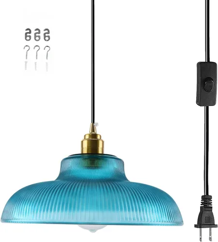Miniatura 8 de Lámpara colgante enchufable de cristal azul, lámpara colgante dorada de altura ajustable con interruptor de encendido/apagado de cable de 14.7 pies