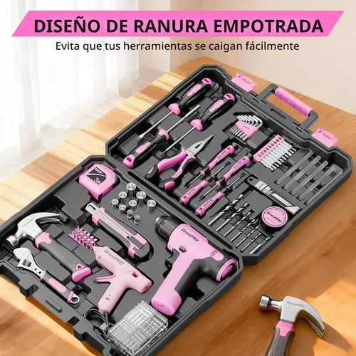 Miniatura 7 de GRENPRO Juego de herramientas rosa, juego de taladro, 188 piezas de kit de herramientas para el hogar con taladro inalámbrico rosa, kit