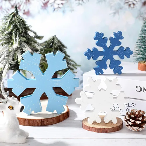Miniatura 3 de Bucherry 3 Piezas Decoración de Copos de Nieve de Madera de Invierno Letreros de Mesa de Copos de Nieve de Invierno Rústicos Bloques de Madera