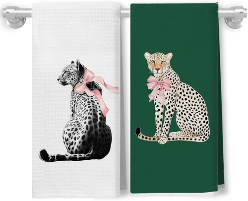 Coquette - Toallas de cocina de leopardo con lazo rosa, toallas de mano retro de moda para baño, paños de cocina con estampado de leopardo funky