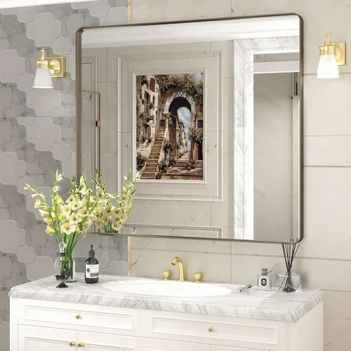 Miniatura 120 de Paquete de 2 espejos de baño con marco de metal negro de 22 x 30 pulgadas, espejo rectangular redondeado negro mate, antioxidante, se cuelga